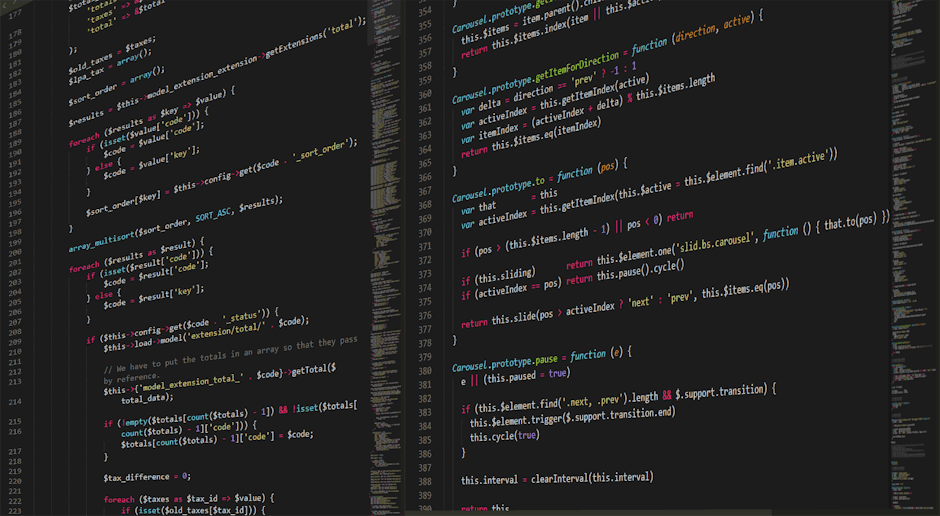 A high-resolution close-up image of a computer screen displaying lines of code in a text editor with a dark background. The code includes colorful syntax highlighting in shades of blue, purple, pink, 